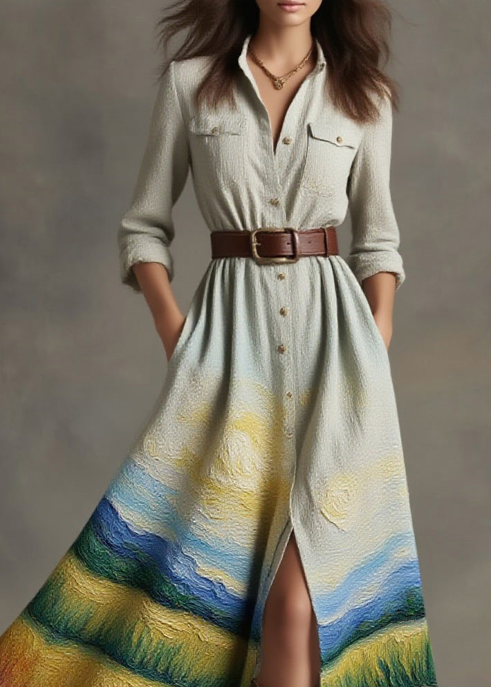 New Peter Pan Collar Print Cotton Button Shirts Dress Spring