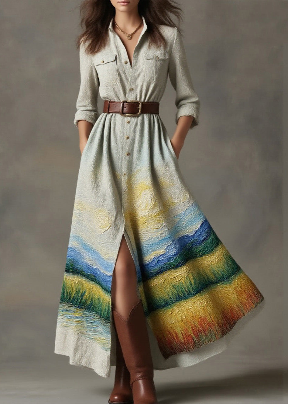 New Peter Pan Collar Print Cotton Button Shirts Dress Spring