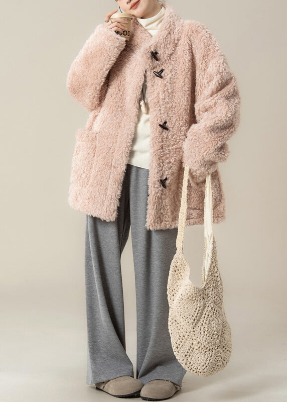 New Pink Faux Fur Coat And Grey Wide Leg Pants Set Winter