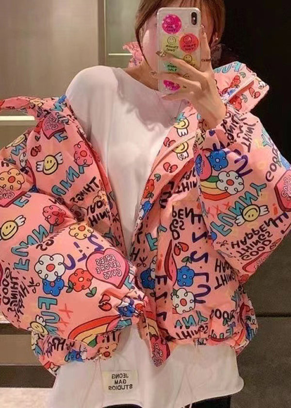 New Pink Hooded Pockets Print Fine Cotton Filled Jackets Winter