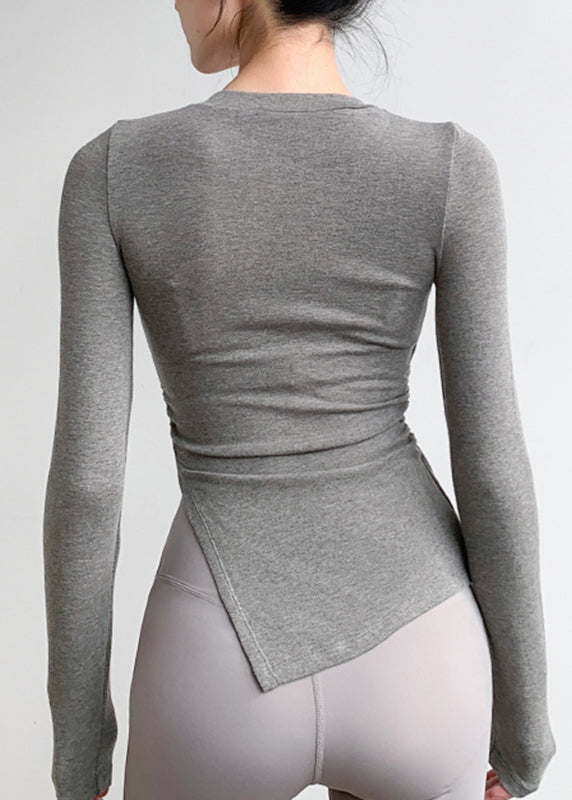 New Pink O-Neck Asymmetrical Long Sleeve Fitting Workout Tops