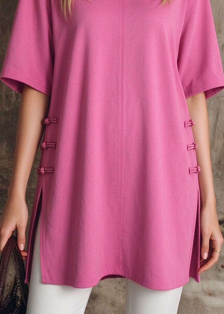 New Pink O Neck Chinese Button Patchwork Cotton T Shirts Summer