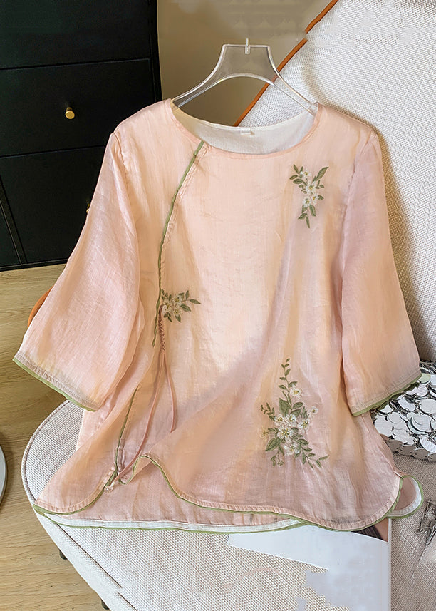 New Pink O Neck Embroidered Cotton Blouses Bracelet Sleeve