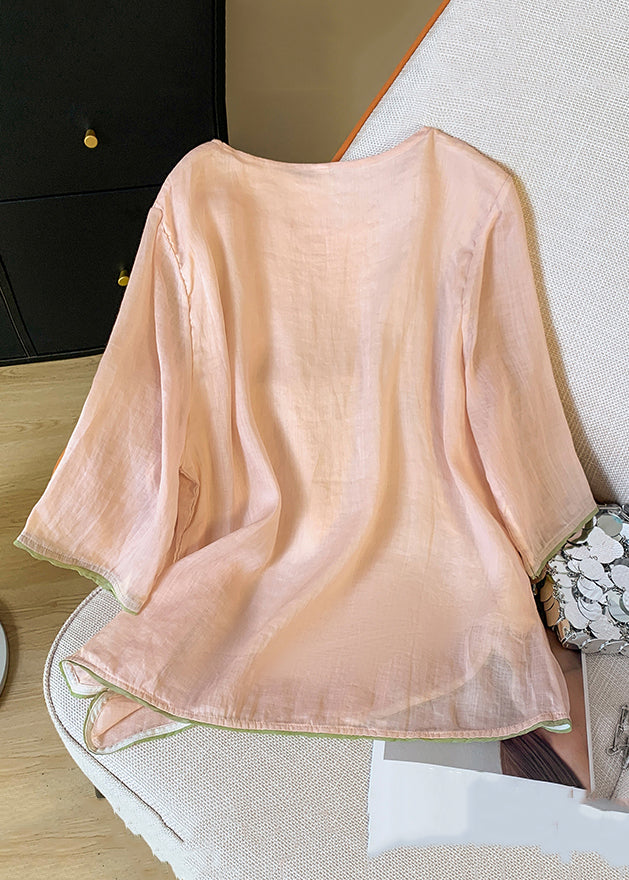 New Pink O Neck Embroidered Cotton Blouses Bracelet Sleeve