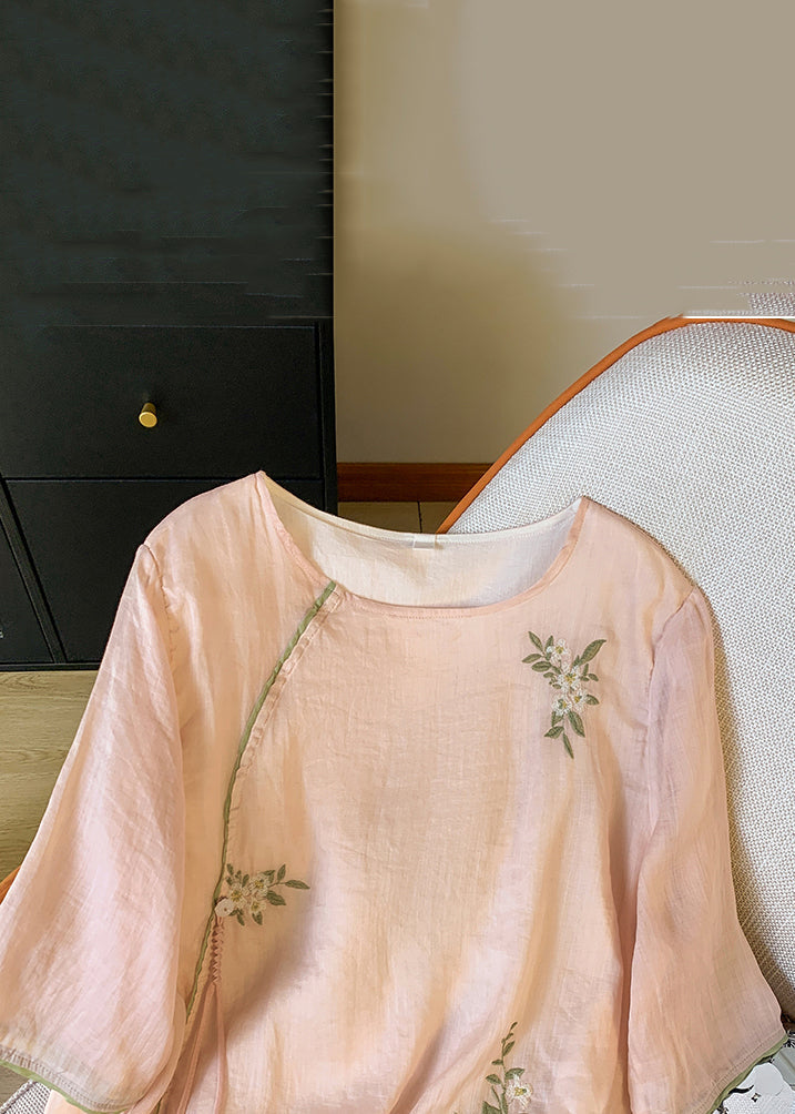 New Pink O Neck Embroidered Cotton Blouses Bracelet Sleeve