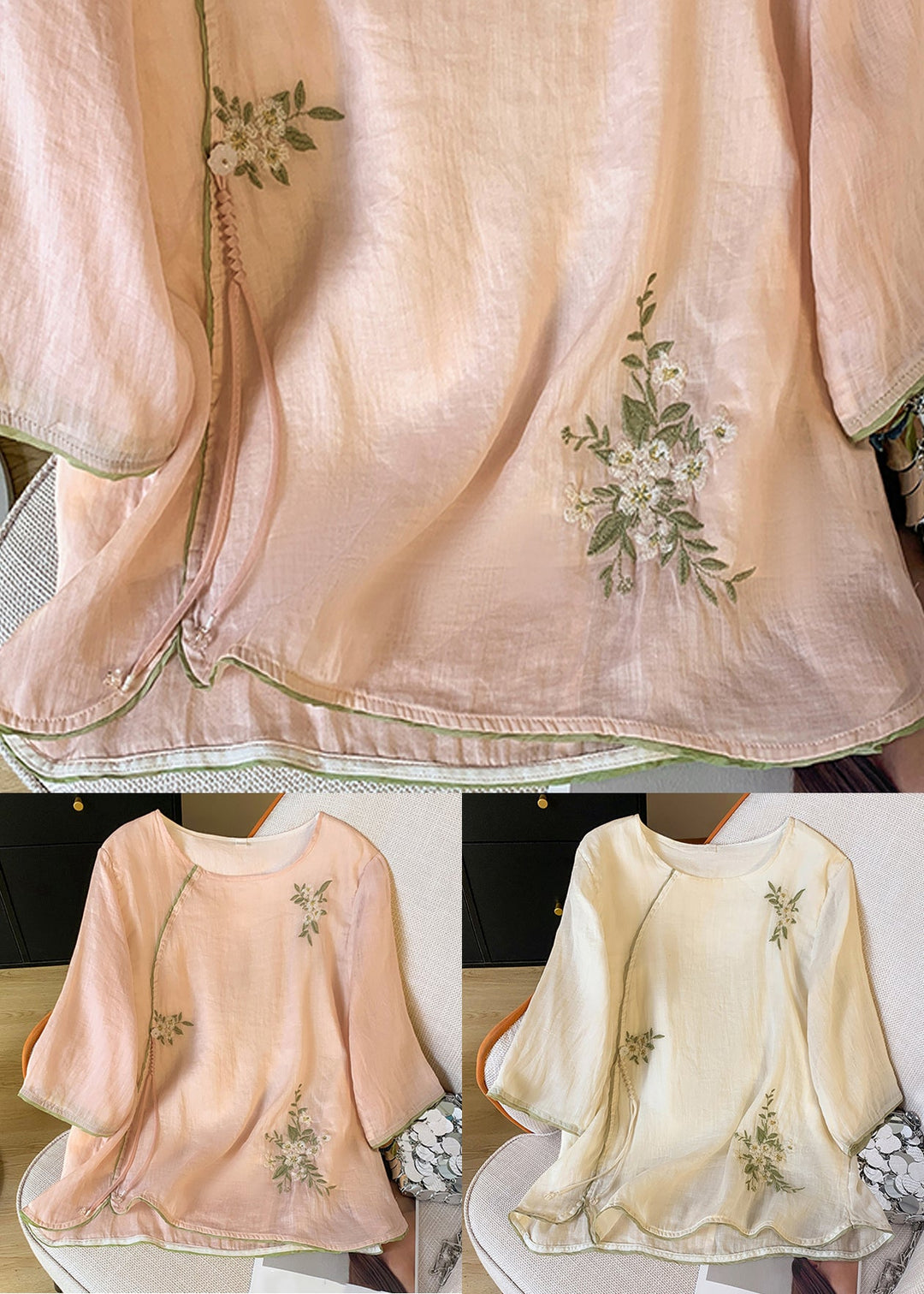 New Pink O Neck Embroidered Cotton Blouses Bracelet Sleeve