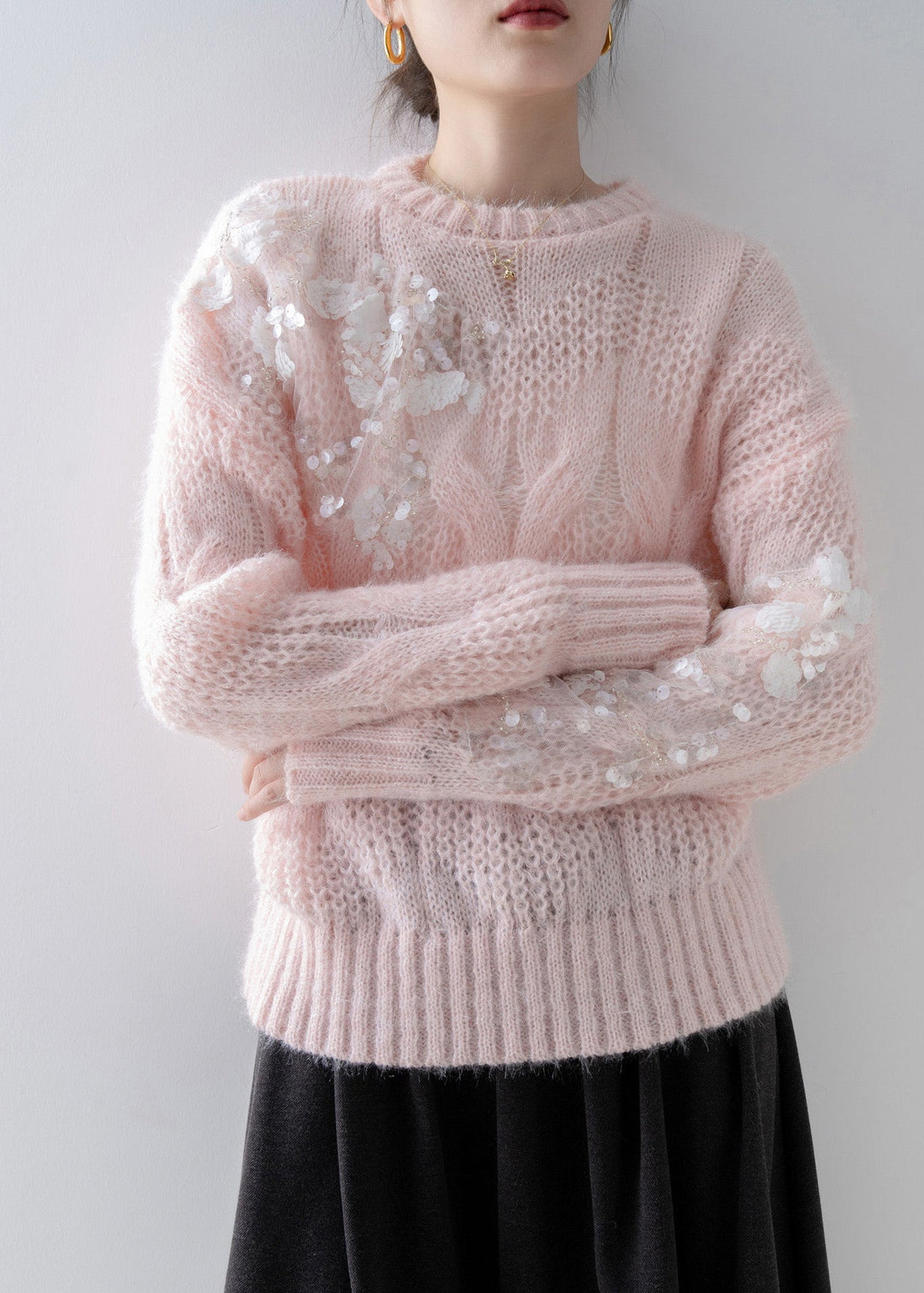 New Pink O Neck Floral Sequins Knit Sweater Tops Spring