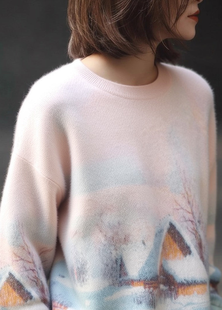 New Pink O Neck Print Cozy Warm Knit Sweater Winter