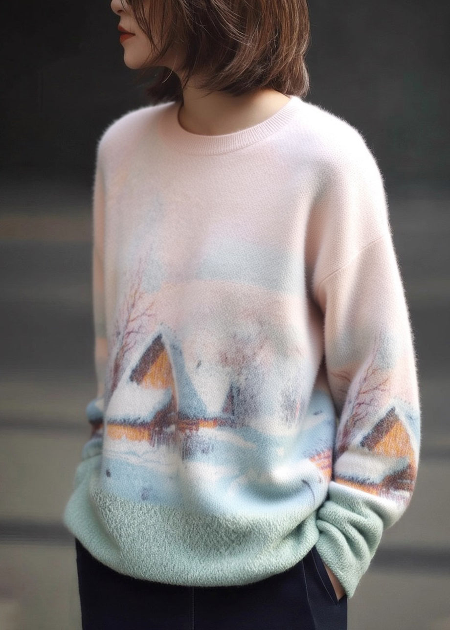 New Pink O Neck Print Cozy Warm Knit Sweater Winter