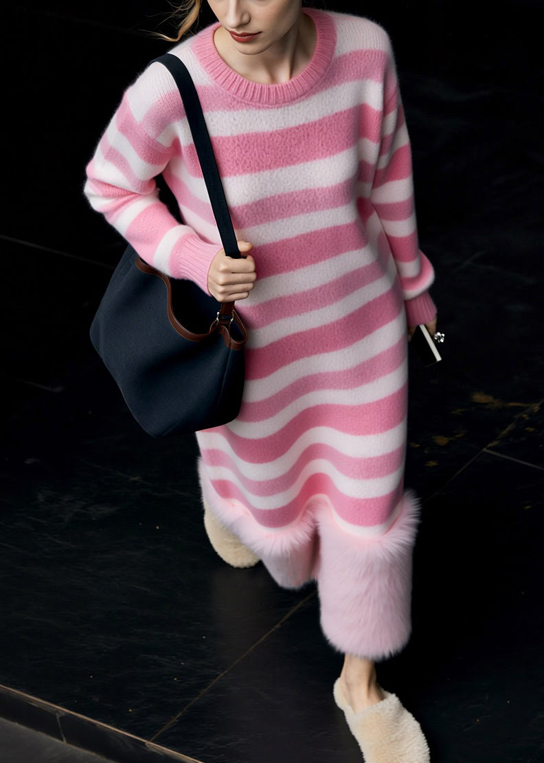 New Pink O Neck Striped Patchwork Knit Long Sweater Dress Spring