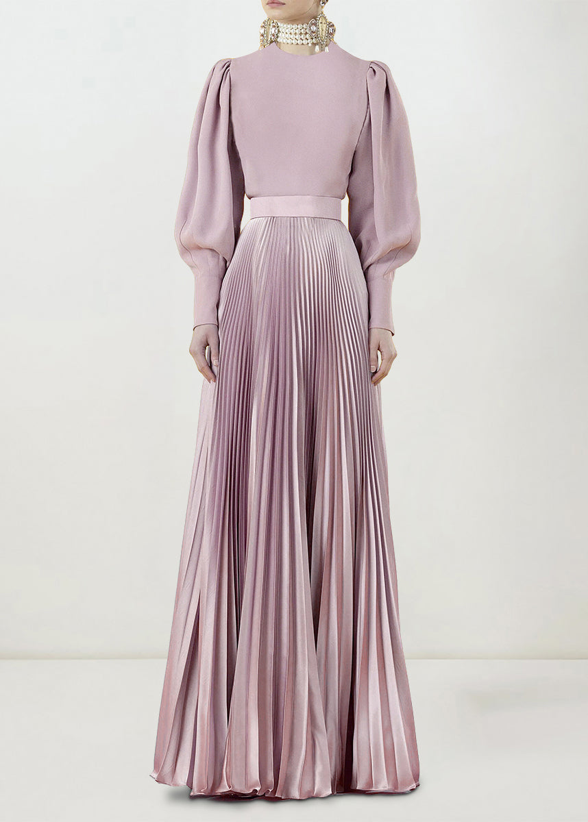 New Pink O Neck Wrinkled Patchwork Silk Maxi Two piece set Spring