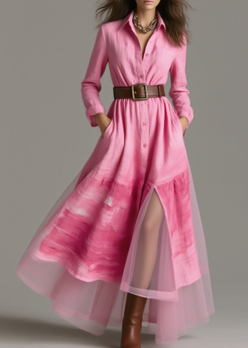 New Pink Peter Pan Collar Print Patchwork Cotton Dress Spring