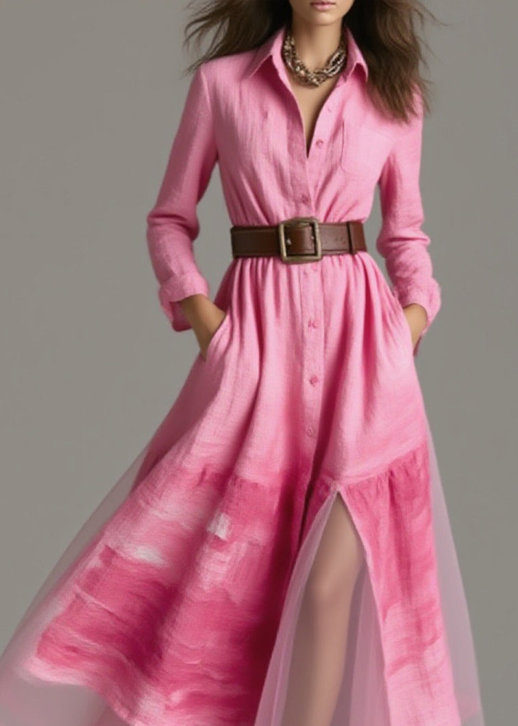 New Pink Peter Pan Collar Print Patchwork Cotton Dress Spring