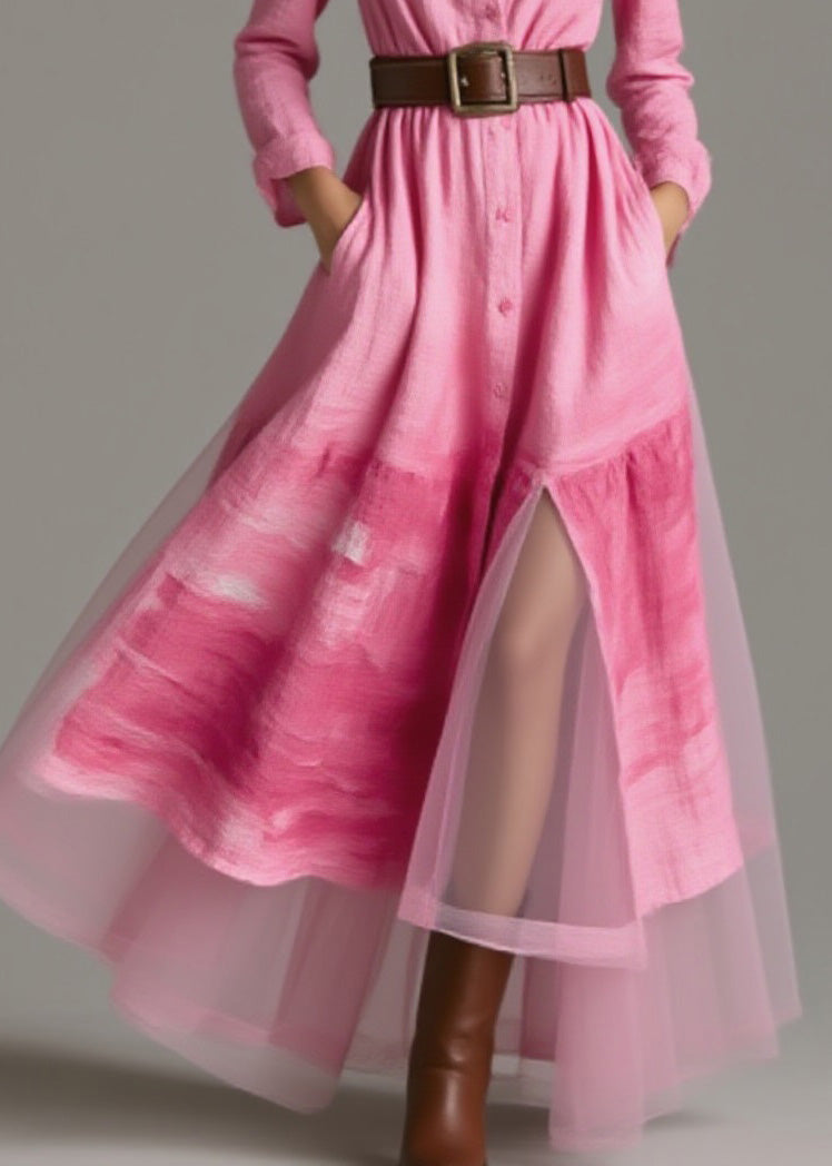 New Pink Peter Pan Collar Print Patchwork Cotton Dress Spring