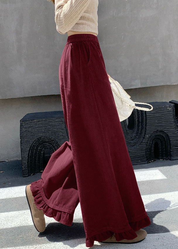 New Pink Ruffled Patchwork Corduroy Wide Leg Pants Fall