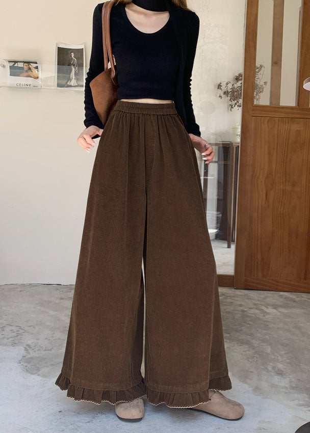 New Pink Ruffled Patchwork Corduroy Wide Leg Pants Fall