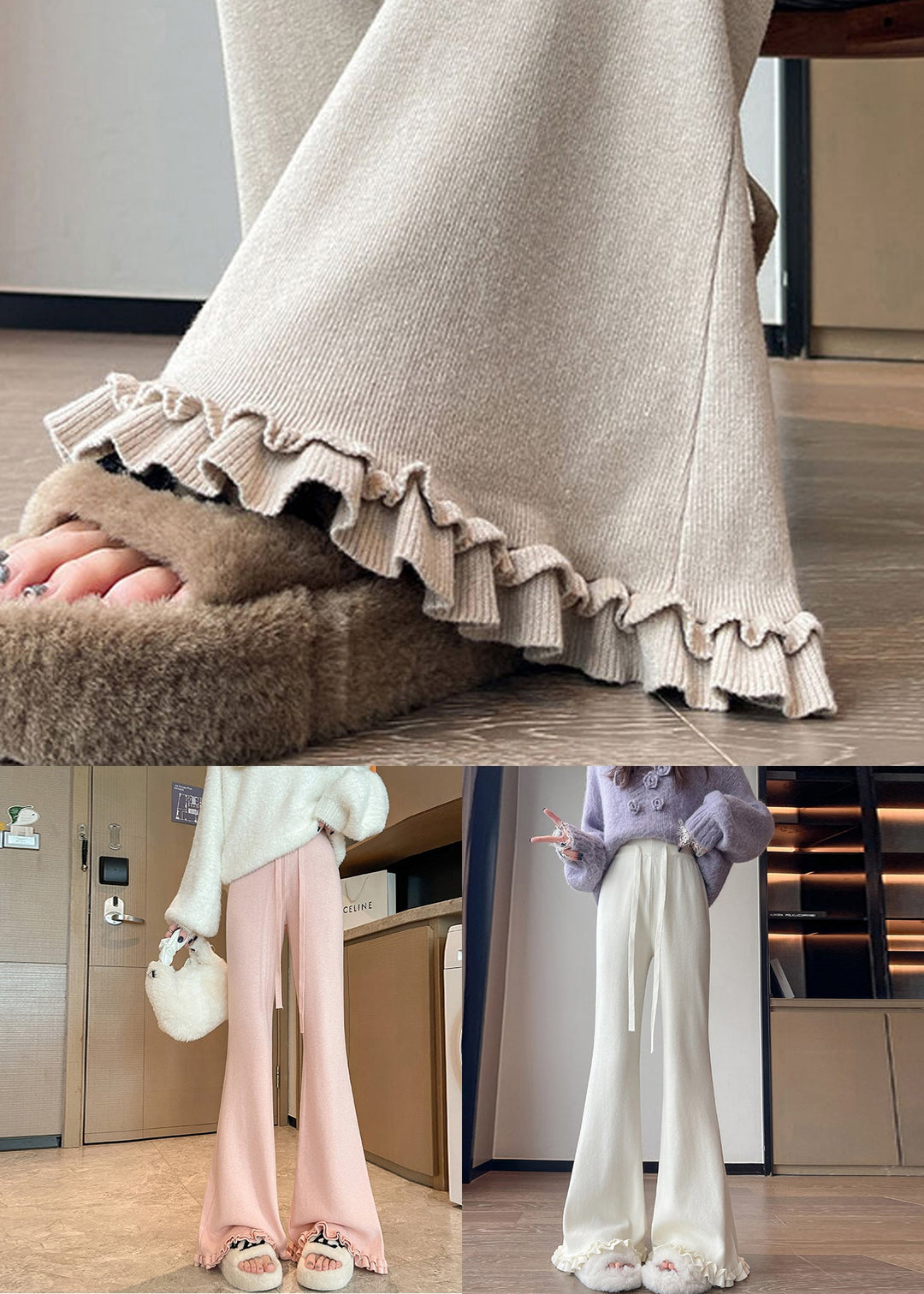 New Pink Solid Elastic Waist Knit Flared Trousers