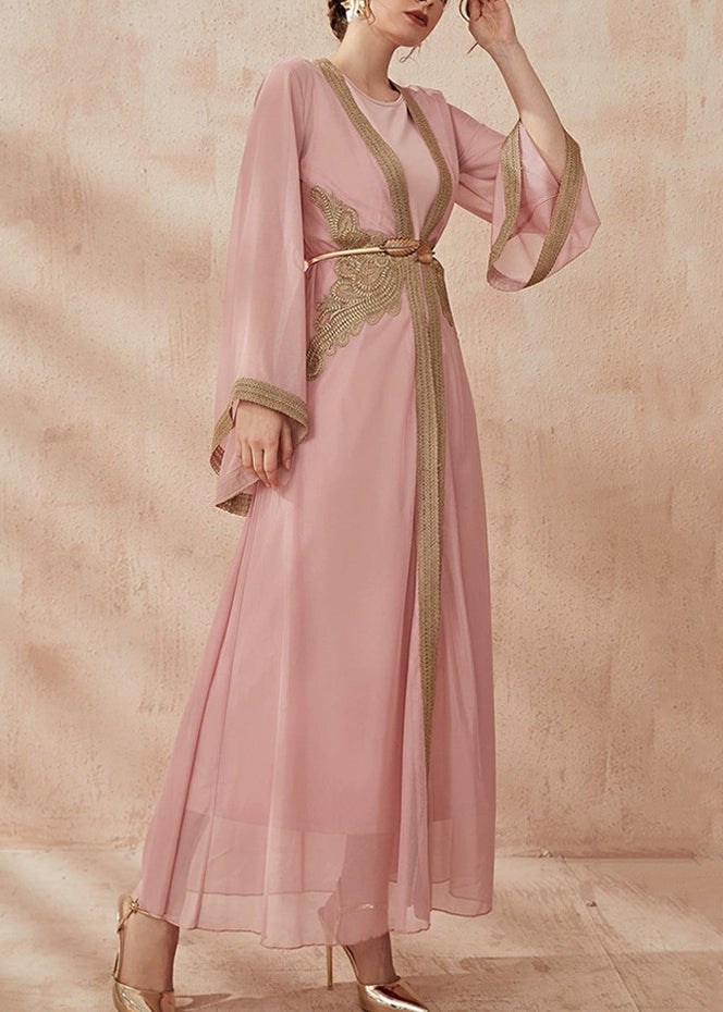 New Pink Solid Tie Waist Chiffon Two Pieces Set Flare Sleeve