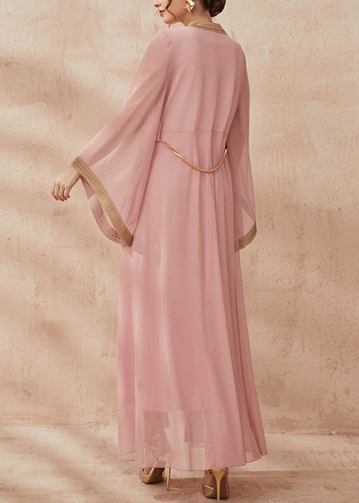 New Pink Solid Tie Waist Chiffon Two Pieces Set Flare Sleeve