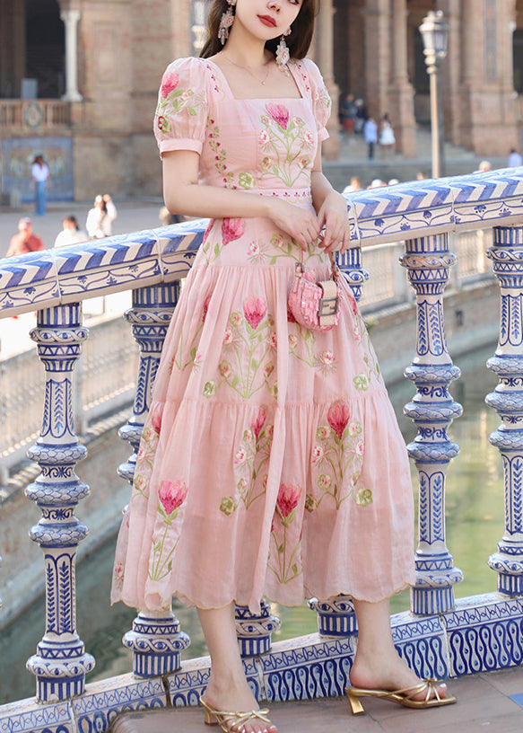 New Pink Square Collar Embroidered Cotton Long Dress Summer