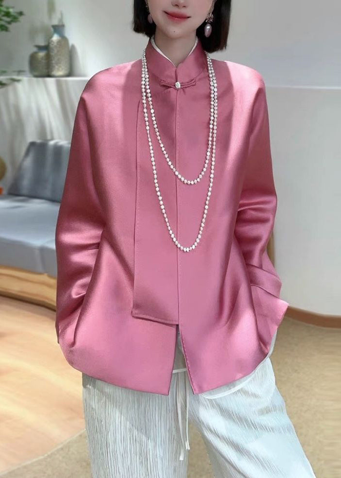 New Pink Stand Collar Button Patchwork Silk Coats Spring