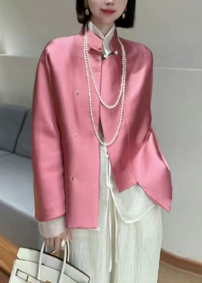 New Pink Stand Collar Button Patchwork Silk Coats Spring