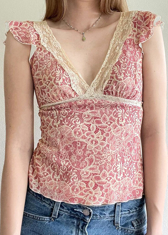 New Pink V Neck Lace Up Lace Knit Top Summer
