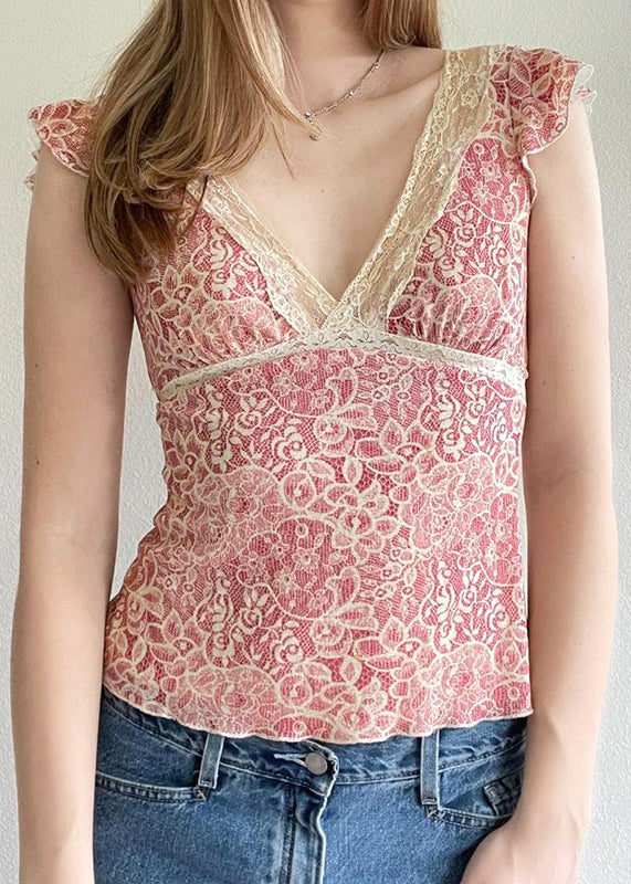 New Pink V Neck Lace Up Lace Knit Top Summer