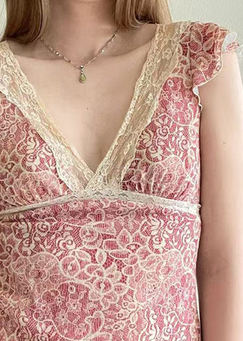 New Pink V Neck Lace Up Lace Knit Top Summer