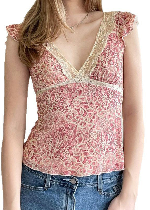 New Pink V Neck Lace Up Lace Knit Top Summer