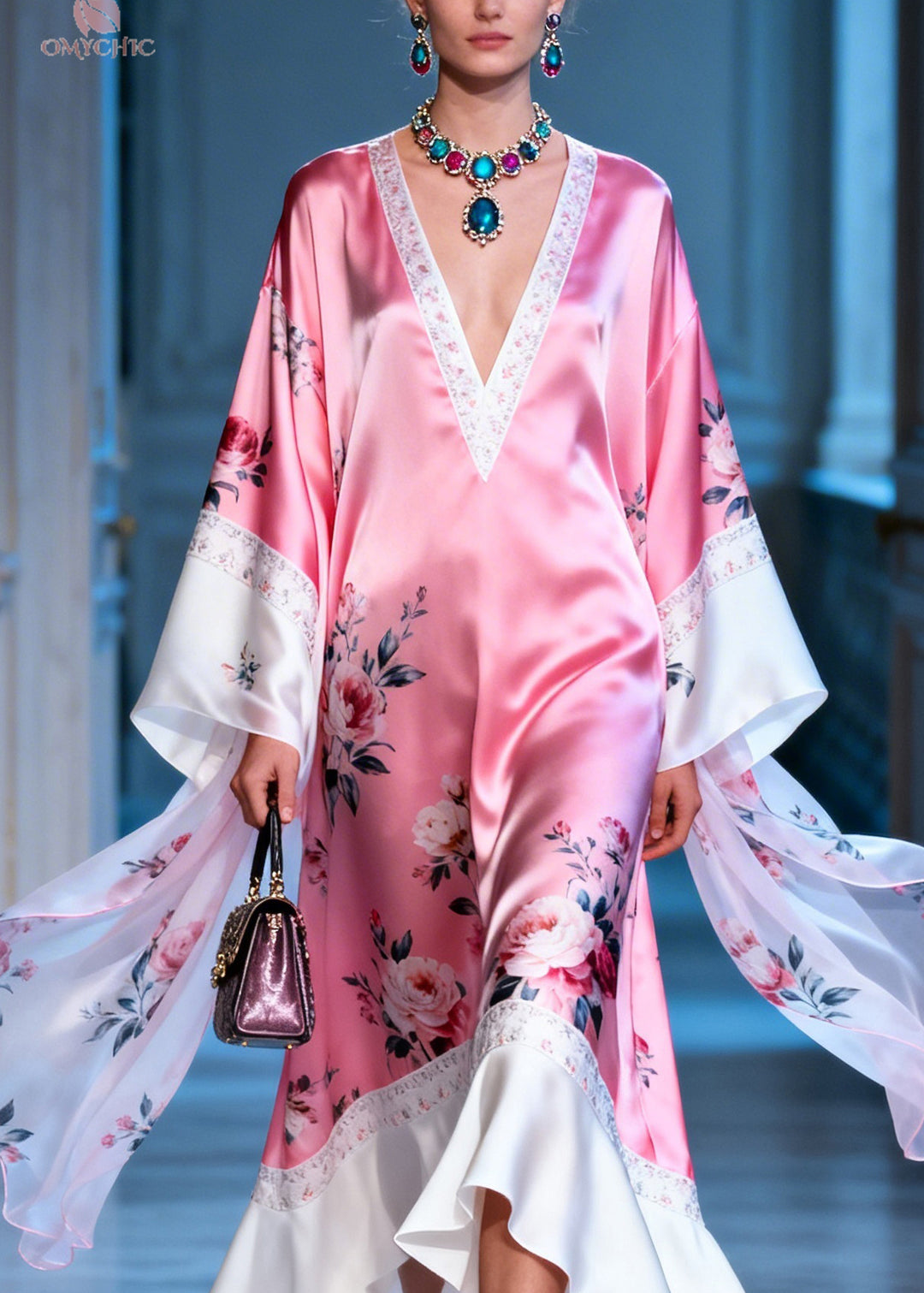 New Pink V Neck Print Patchwork Silk Ankle Dress Summer