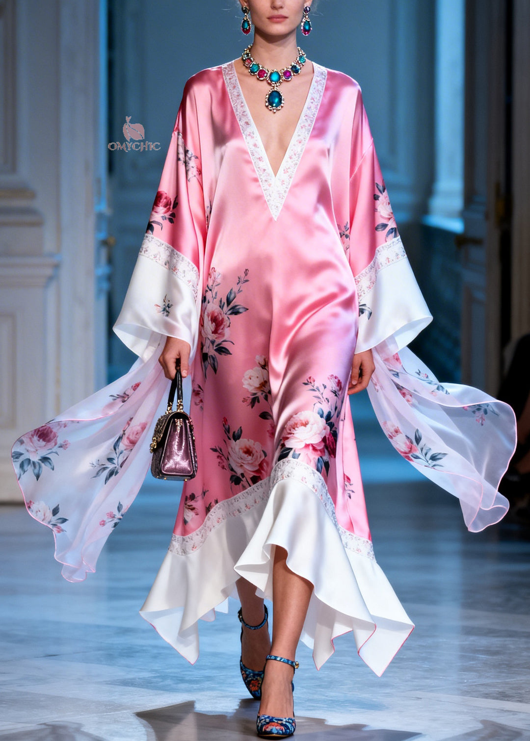 New Pink V Neck Print Patchwork Silk Ankle Dress Summer