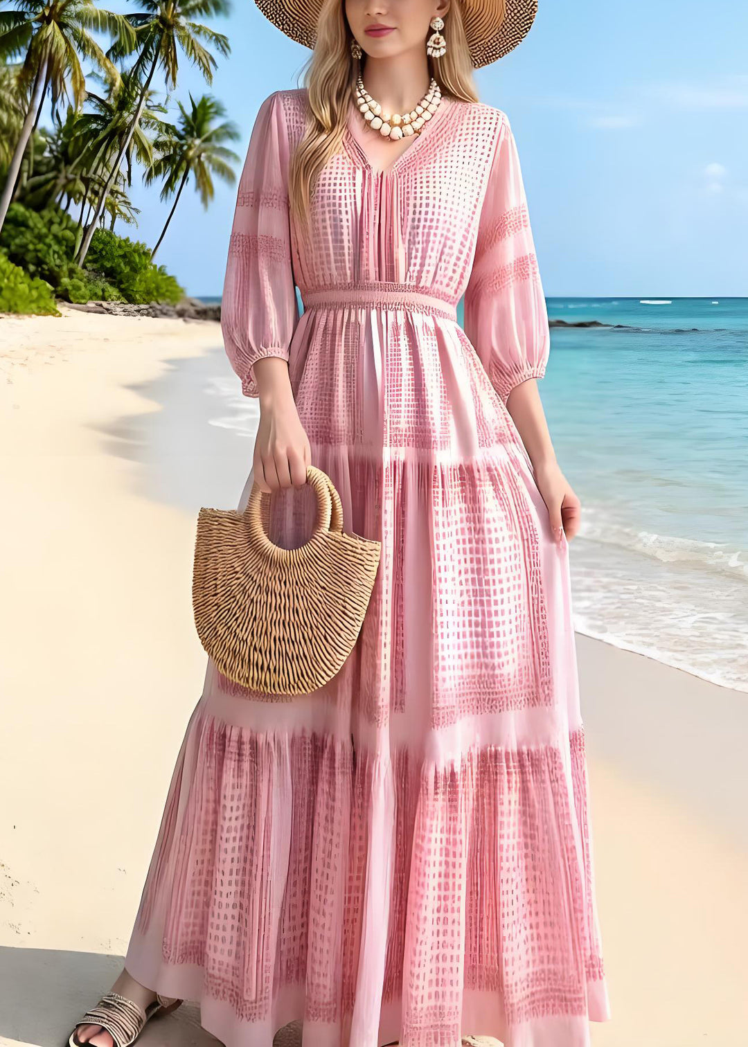 New Pink V Neck Print Wrinkled Chiffon Robe Dresses Summer