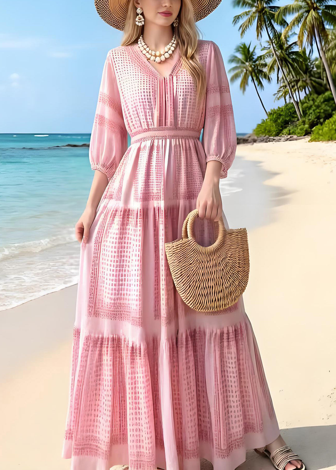 New Pink V Neck Print Wrinkled Chiffon Robe Dresses Summer