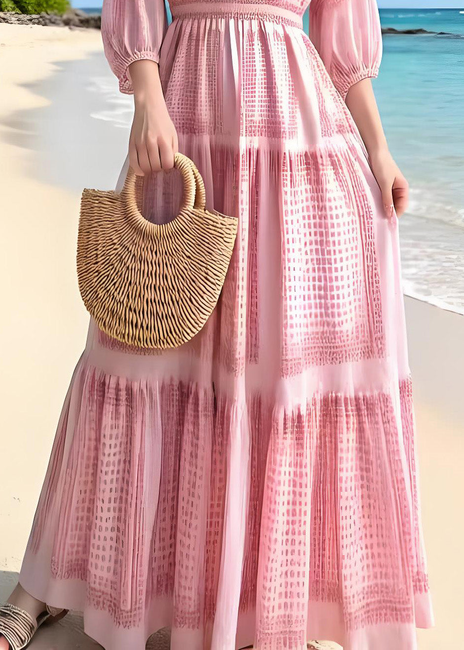 New Pink V Neck Print Wrinkled Chiffon Robe Dresses Summer