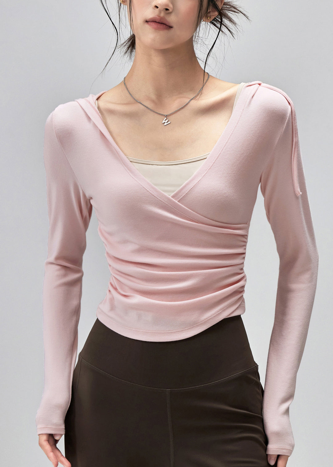 New Pink Wrinkled Patchwork Hooded Sports Top