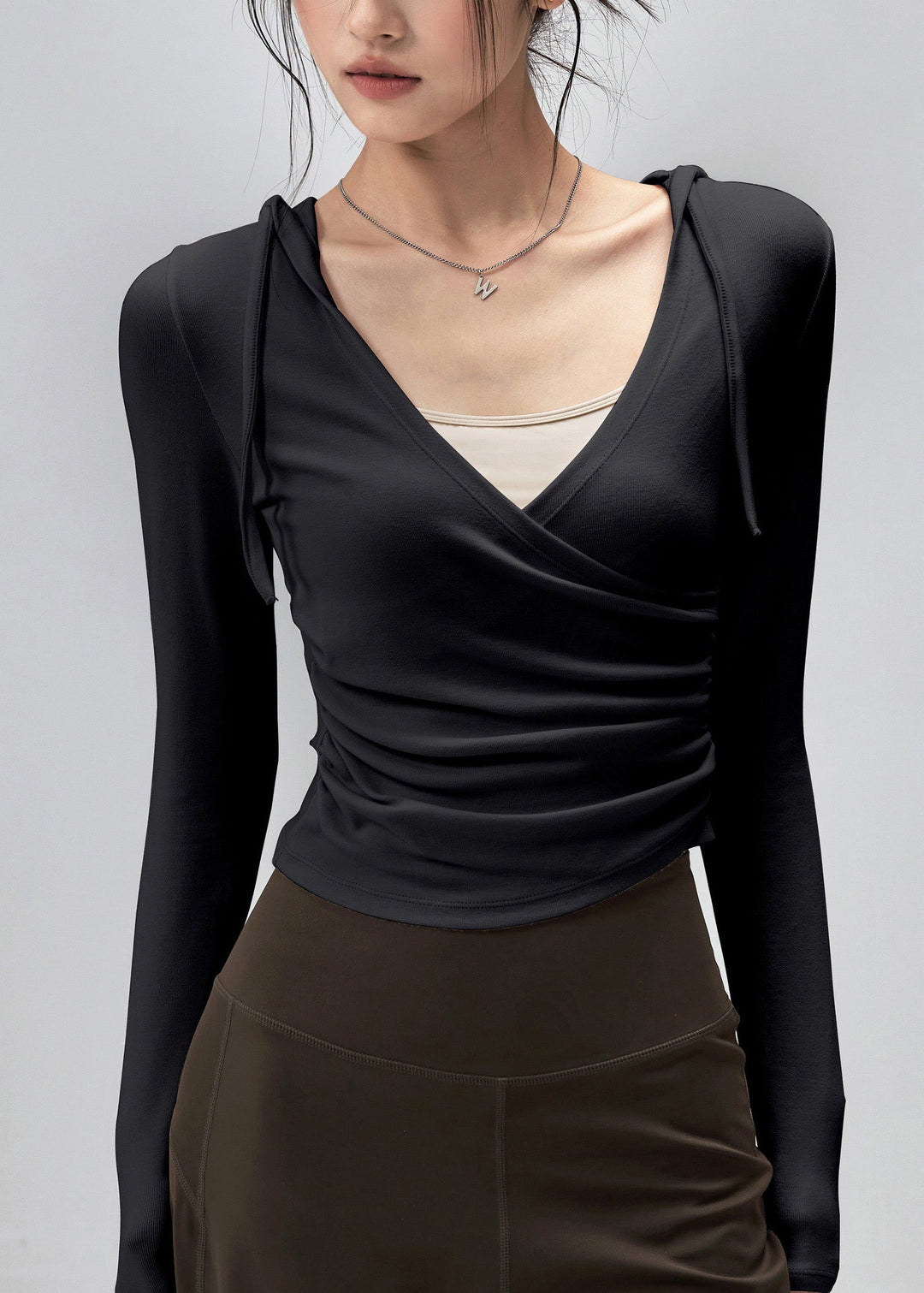 New Pink Wrinkled Patchwork Hooded Sports Top