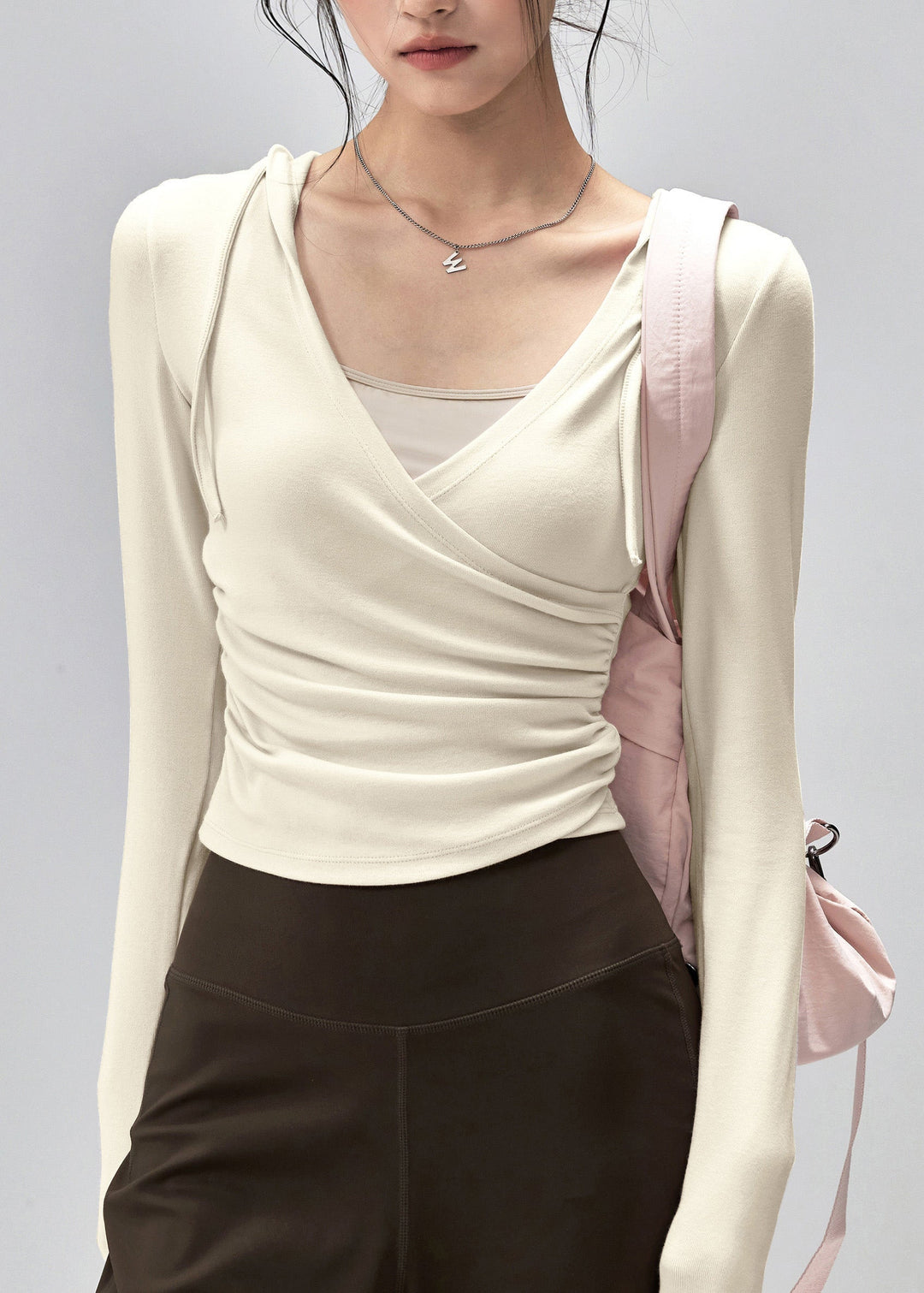 New Pink Wrinkled Patchwork Hooded Sports Top