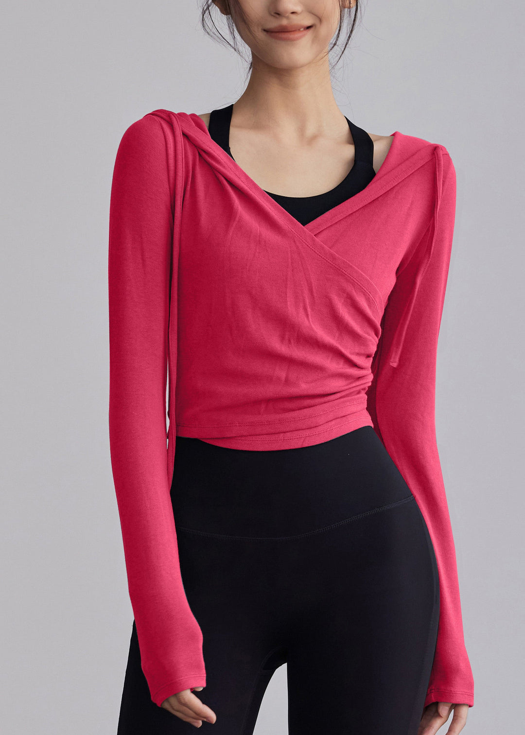New Pink Wrinkled Patchwork Hooded Sports Top