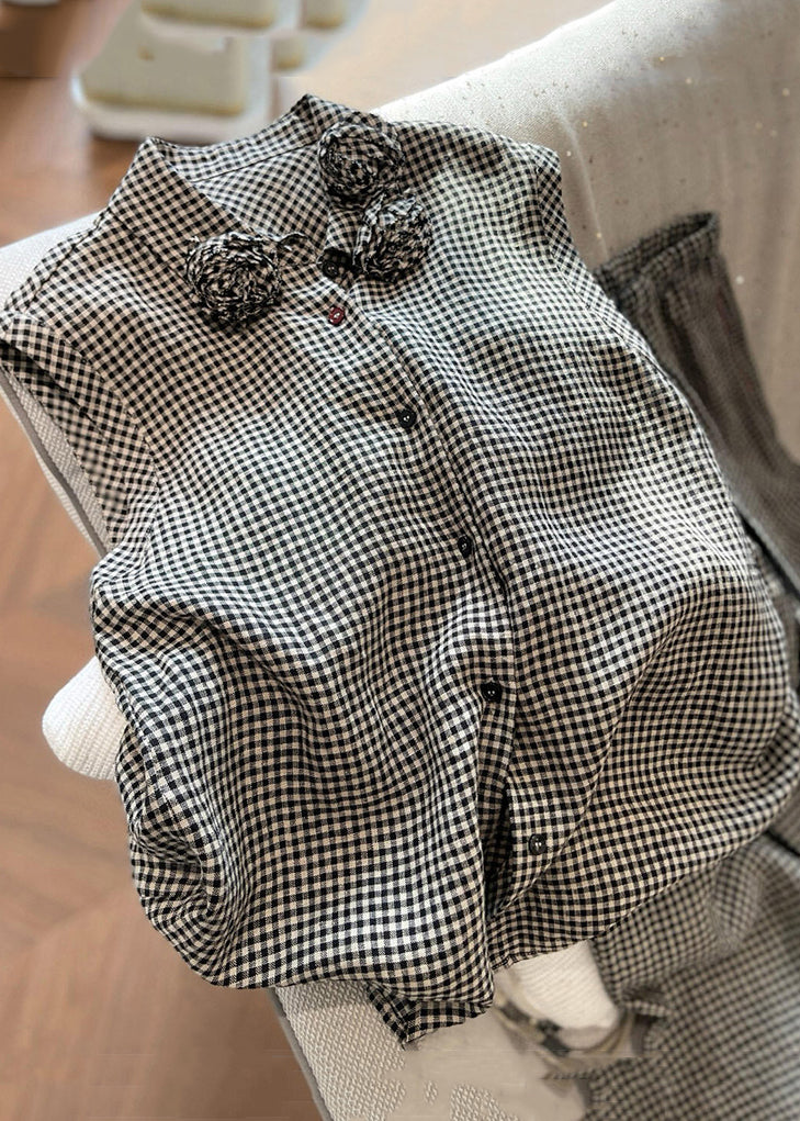 New Plaid Floral Button Cotton Two Pieces Set Sleeveless