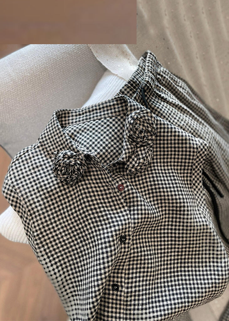 New Plaid Floral Button Cotton Two Pieces Set Sleeveless