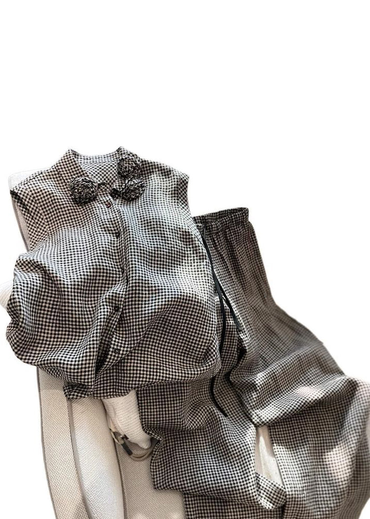 New Plaid Floral Button Cotton Two Pieces Set Sleeveless