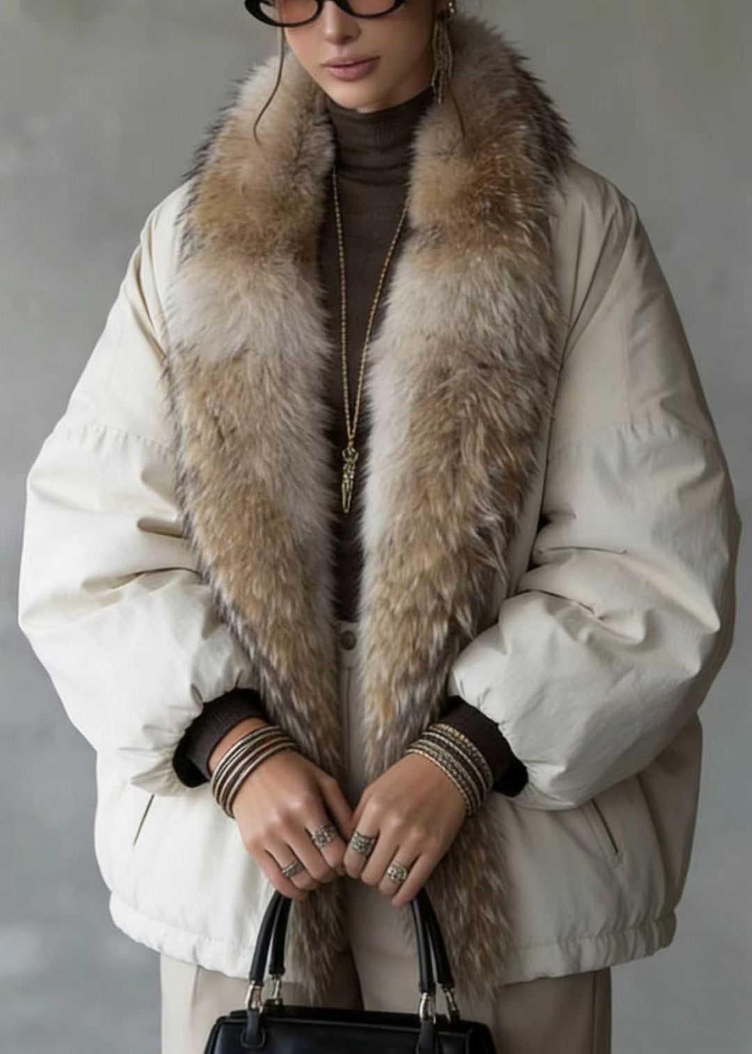 New Pockets Fur Collar Patchwork Fine Cotton Filled Coat Winter