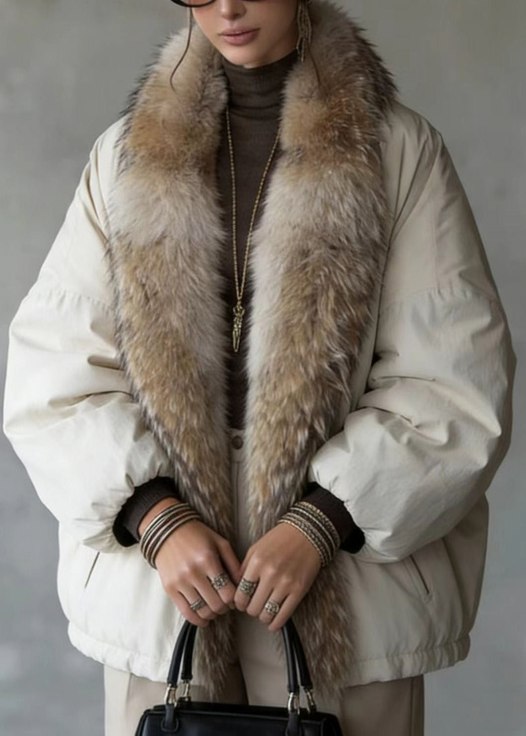 New Pockets Fur Collar Patchwork Fine Cotton Filled Coat Winter