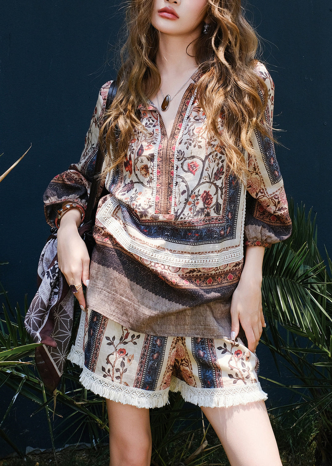 New Print Tops And Shorts Patchwork Cotton Two Pieces Set Bracelet Sleeve