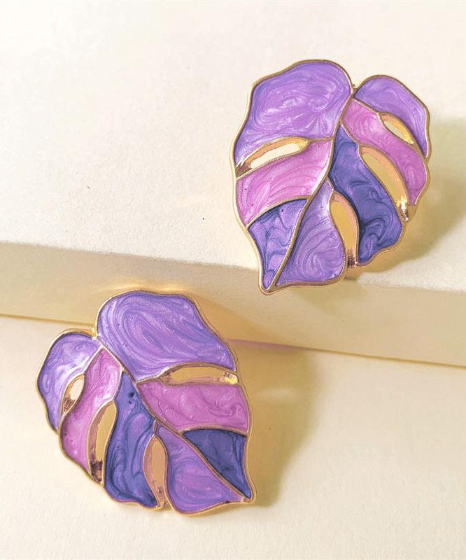 New Purple Alloy Drip Glaze Leaf Earrings For Women
