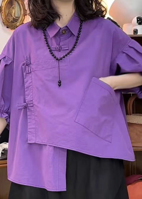New Purple Asymmetrical Button Pockets Cotton Two Pieces Set Summer