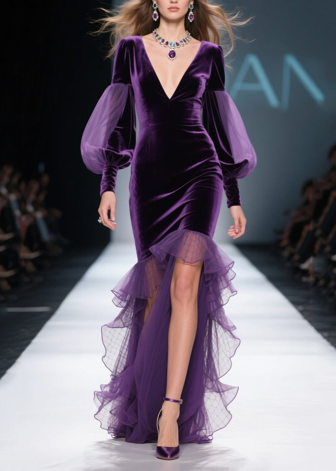 New Purple Asymmetrical Ruffled Patchwork Velvet Dress Fall