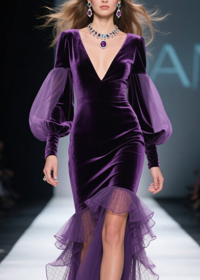 New Purple Asymmetrical Ruffled Patchwork Velvet Dress Fall