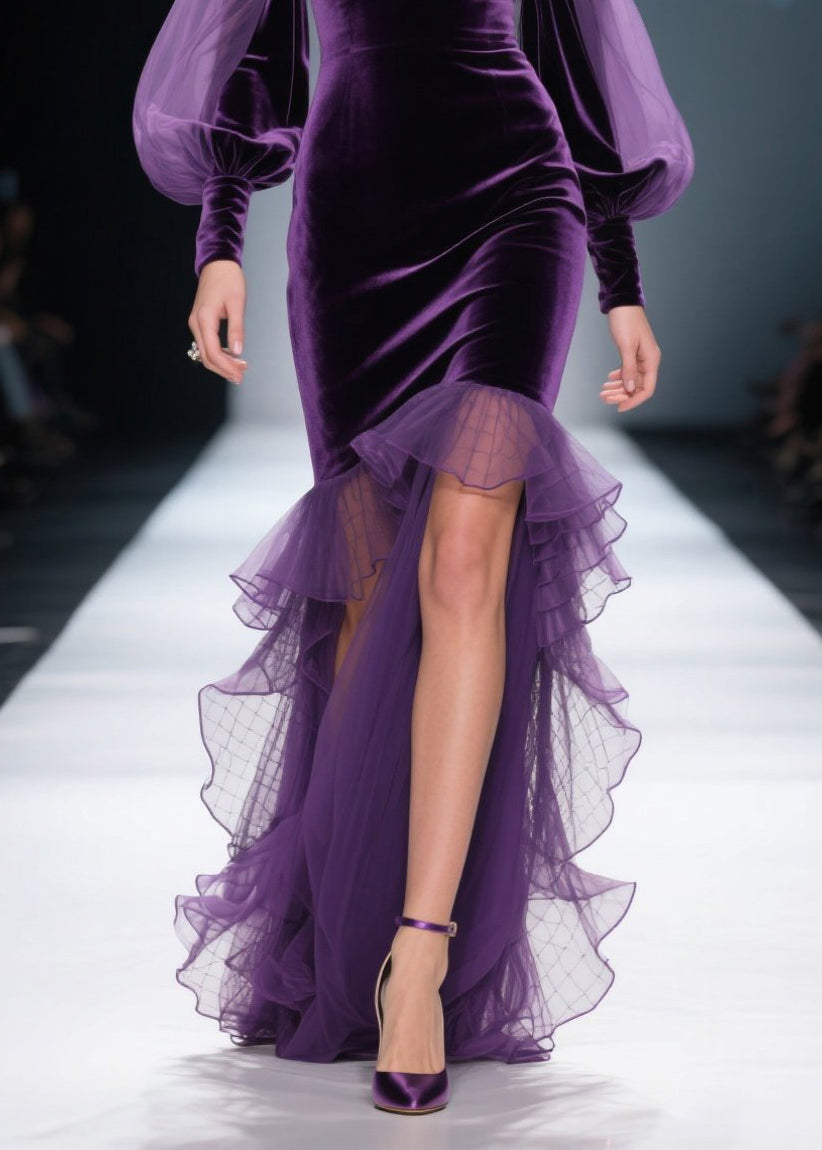 New Purple Asymmetrical Ruffled Patchwork Velvet Dress Fall
